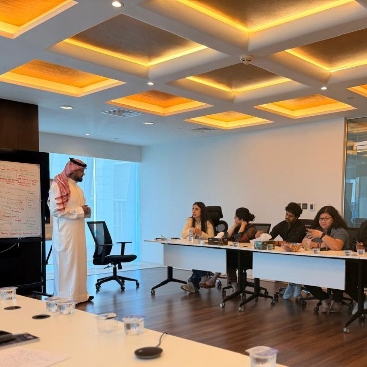 The Tayseer Innovations team seated around conference tables during a leadership session at the Dubai office.